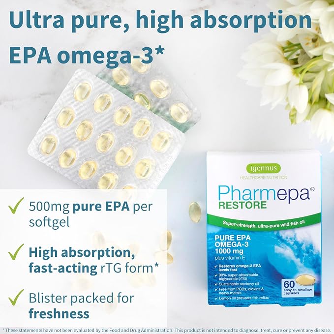 Igennus Pharmepa Restore, Pure EPA 1000mg, Omega 3 rTG Fish Oil, IFOS Certified, High Absorption, 90% Concentration Triple Strength, Wild & Sustainable, Lemon Flavor, 10-Month Supply, Pack of 10