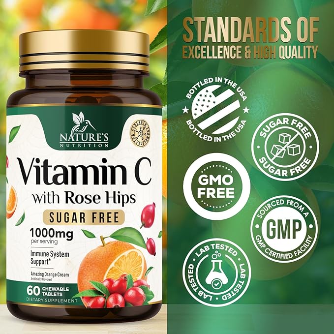 Vitamin C 1000mg Per Serving Chewable - Extra Strength Antioxidants for Powerful Immune Support w/Vitamin C & Rose HIPS, Potent Dietary VIT C Chews Supplement, Natural Orange Flavor, 60 Tablets