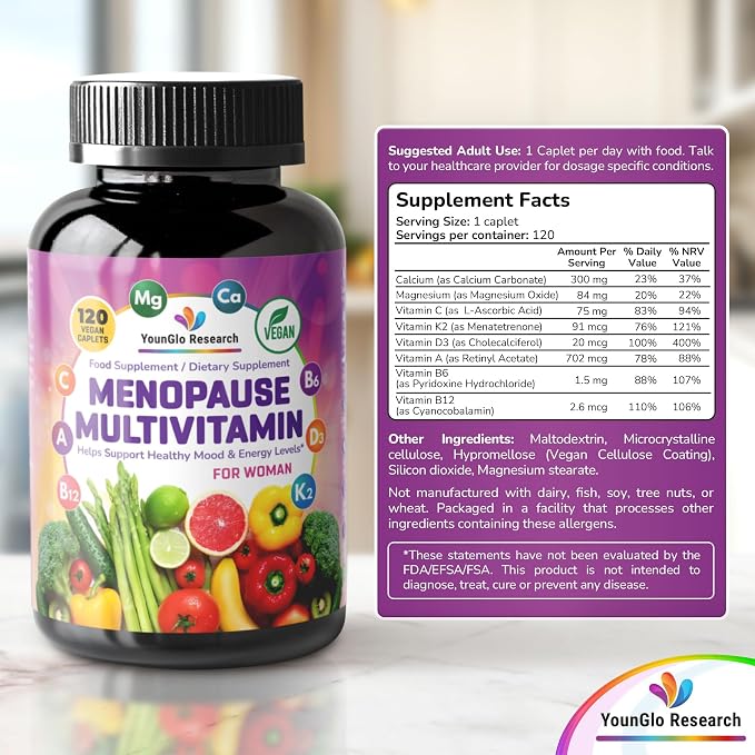 Menopause Supplement - 120 Vegan Caplets - Menopause & Perimenopause Relief Support - Food and Dietary Vitamins - Multivitamin for Women