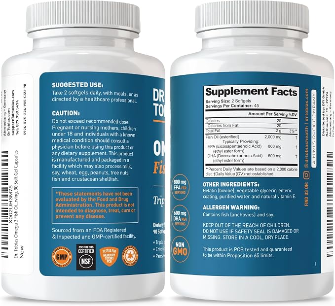 Dr. Tobias Omega 3 Fish Oil 2000mg Triple Strength with 800mg EPA 600mg DHA Per Serving | Fish Oil Omega 3 Supplements for Heart Brain & Immune Support - 90 Softgels (45 Servings)