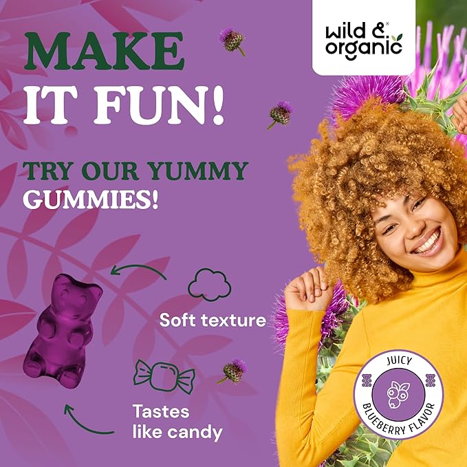Wild & Organic Milk Thistle Gummies 1500 mg - Milk Thistle Supplement for Liver Cleanse Detox - Silymarin Liver Detox Gummies - 30 Days Supply - 60 Vegan, Non-GMO Chews