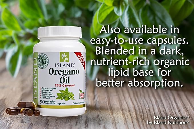Island Nutrition, Oregano Oil Organic Liquid Drops - 100% Pure & Undiluted - USDA-Certified Organic (1 oz) 75% Carvacrol - Grown in Spain - Immune Support Supplement with Oil of Oregano.