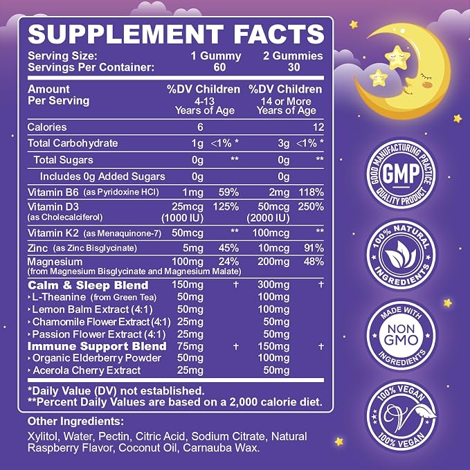 Magnesium Calming Gummies for Kids 4+ & Adults, Sugar Free Magnesium Supplement with L-Theanine, Chamomile, Vitamins B6, D3, K2, Zinc for Sleep, Relaxation, Focus & Muscle Support, Raspberry Flavor