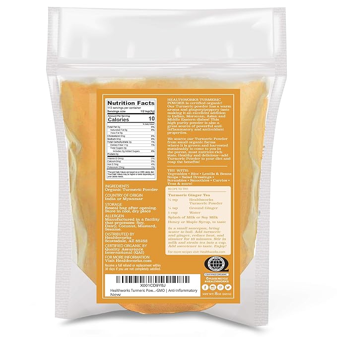 Healthworks Superfoods Organic Turmeric Powder - 8 Oz - Ground Raw Organic, Curcumin, Keto, Paleo, Vegan and Non-GMO