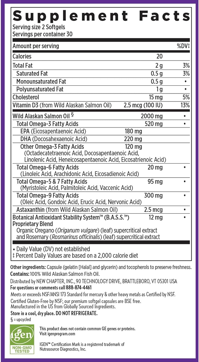 New Chapter Wholemega Fish Oil Supplement - 2000mg per Serving, Clinically Proven Wild Alaskan Salmon Oil with Omega-3 + Vitamin D3 + Astaxanthin, 60 Softgels
