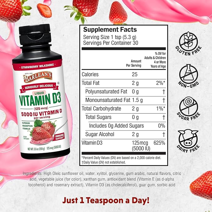 Barlean's Pack of 2 Vitamin D3 Liquid Supplement for Kids and Adults, 5000 IU Vitamin D, Strawberry Milkshake, Non-GMO, Gluten and Dairy Free, 5.6 oz Each