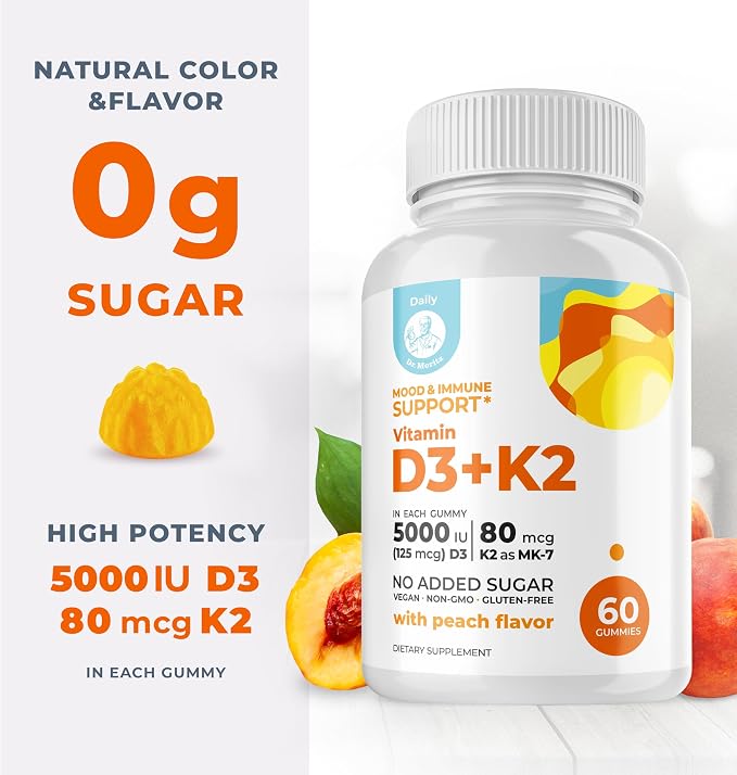 DR. MORITZ Vitamin D3 Gummies (5000 IU) with K2 - for Adults and Kids - Vitamin D3 K2 Gummies for Immune Support & Bone Health - Vegan, Sugar Free, Gluten Free (60 Count)