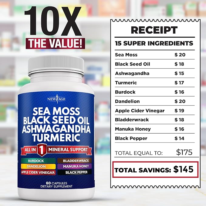 NEW AGE Sea Moss Black Seed Oil Ashwagandha Turmeric Bladderwrack Burdock - with Manuka, Honey Dandelion, ACV Black Pepper Gluten Free