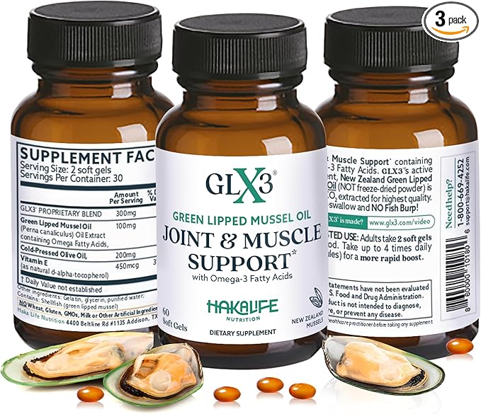 GLX3 Green Lipped Mussel Oil Capsules for Joint and Muscle Support | Extra-Strength ETA, EPA, DHA Omega-3 Green Lipped Mussel Supplement for Comfort, Flexibility & Recovery by HakaLife GLX3