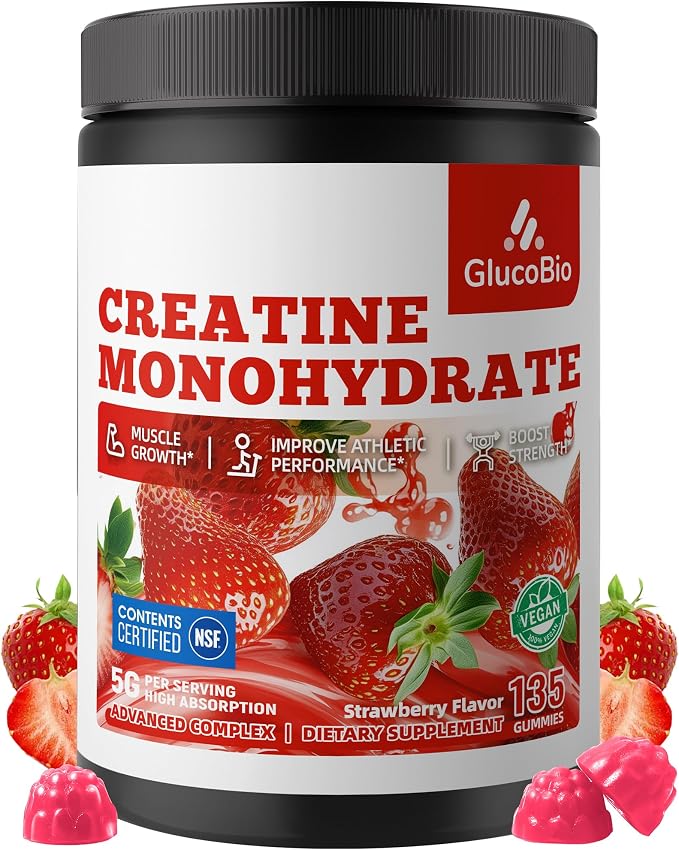 Creatine Monohydrate Gummies (5g) – Pre-Workout Energy & Muscle Growth Support for Men & Women | Strawberry Electrolyte Gummies (135 Count)