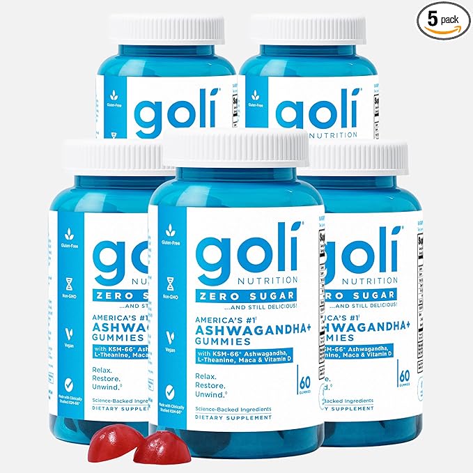 Goli Zero Sugar Ashwagandha & Vitamin D, Maca, L-Theanine Gummies, No Artificial Sweeteners, No Sugar Alcohols. Mixed Berry, KSM-66, Vegan, Plant Based, Non-GMO, Gluten-Free & Gelatin Free. (5)
