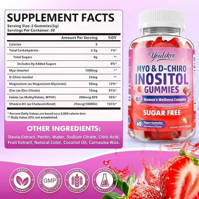 2 Pack Myo-Inositol & D-Chiro Inositol Gummies for Women, 120 Count | Ideal 40:1 Ratio with Vitamin D3, Folate, Magnesium and Zinc - Support Female Health & Wellness, Strawberry Flavor