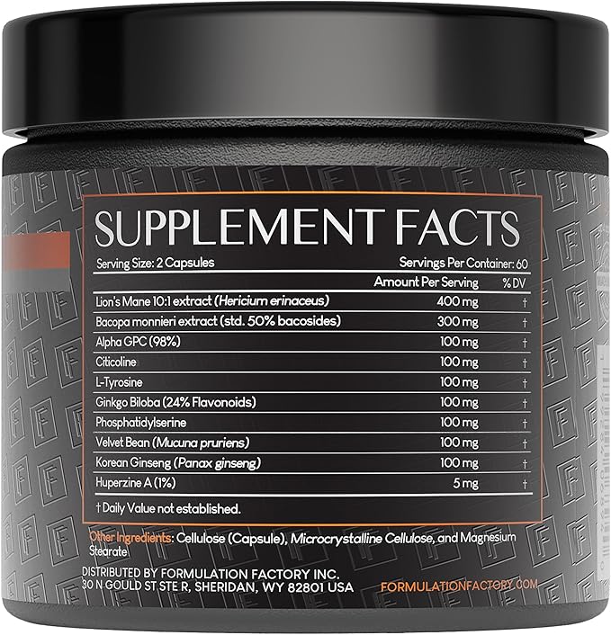 Formulation Factory Nootropic Brain Supplement - Boss Mode Focus & Memory Complex with Lion's Mane, Alpha GPC & Bacopa - Cognitive Support - 120 Capsules, 2 Month Supply