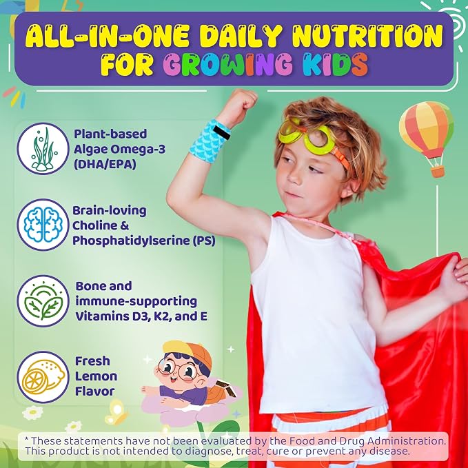 Kids Omega-3 Gummies for 4+, Algae Oil DHA & EPA with Vitamin D3 K2, Choline & PS, Vegan Fish Oil Supplements for Brain, Bone, Cognitive & Immune Health, No Fish Taste, SugarFree, Lemon Flavor, 120Cts