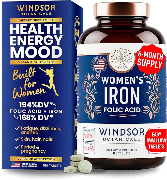 Iron and Folic Acid Supplements for Women - 35mg Gentle Iron Vitamin, Folic Acid 400mcg - Anemia, Period, Pregnancy Support Supplement, Ferrous Sulfate Pills - 180 Vegan Non-Constipating Tablets
