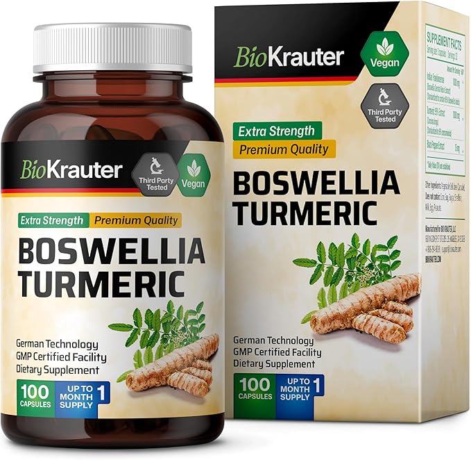 BIO KRAUTER® Turmeric Curcumin Supplement with Boswellia for Joint Support - Vegan Turmeric with Black Pepper & Boswellia Extract 100 Capsules, 33 Days of Supply, Non-GMO - Natural Digestive Support