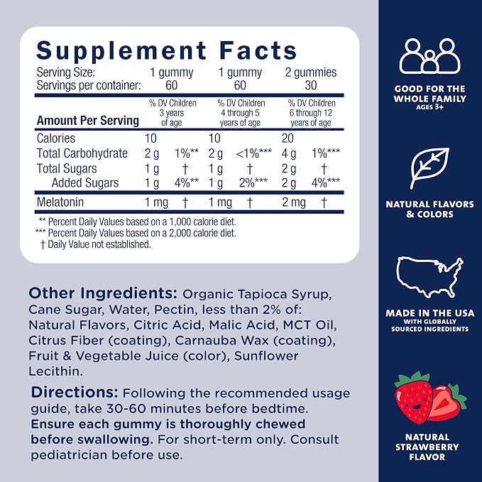 Mommy's Bliss Kids Sleep Melatonin Gummies, No Artificial Colors, Flavors or Gelatin, Strawberry Flavor Children's Melatonin Gummies, Age 3+, 60 Count