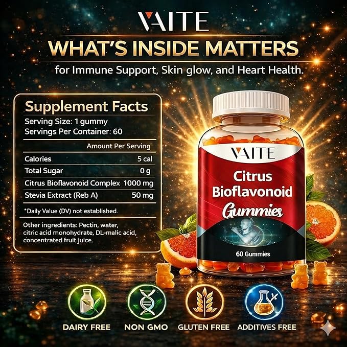 VAITE Citrus Bioflavonoid Complex Supplement 1000mg – Antioxidant Properties, Citrus-Derived Bioflavonoids, Sugar-Free Chewable Formula, Non-GMO, Gluten-Free, Soy-Free, Daily Use, 60 Gummies