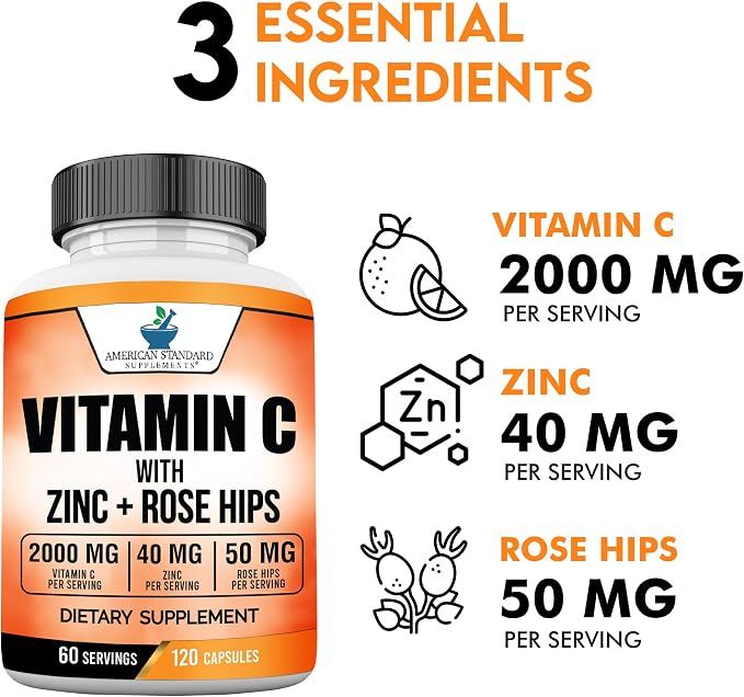 American Standard Supplements Vitamin C 2000mg, Zinc 40mg, and Rose HIPS 50mg Per Serving – Vegan, Gluten Free, Non-GMO (120 Count) (Pack of 2)