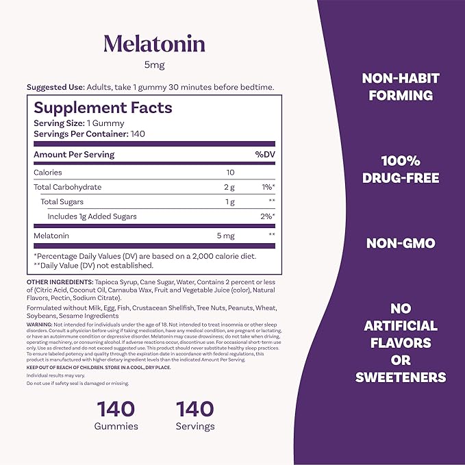 Natrol 5mg Melatonin Gummies, Sleep Support for Adults, Melatonin Supplements for Sleeping, 140 Strawberry-Flavored Gummies, 70 Day Supply