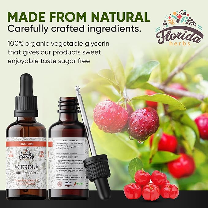 Acerola Tincture (Vitamin C), Organic Acerola Extract (Malpighia Glabra) Dried Berry for Blood, Heart, Arteries, Non-GMO in Cold-Pressed Organic Vegetable Glycerin, Florida Herbs Supplements