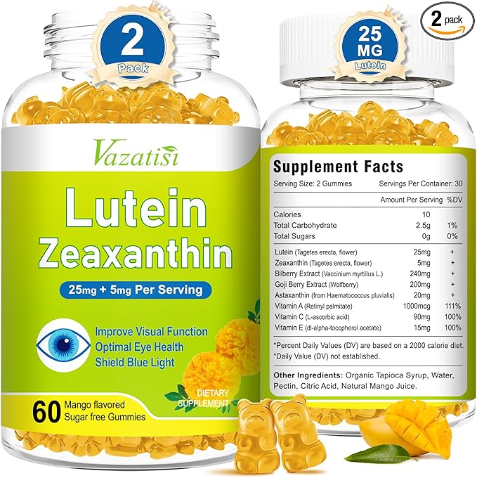 Eye Vitamins Lutein & Zeaxanthin Gummies, Sugar Free Eye Health Supplements with Bilberry, Astaxanthin - Support Blue Light, Visual Function and Macular Health - Mango Flavored, 120 Count