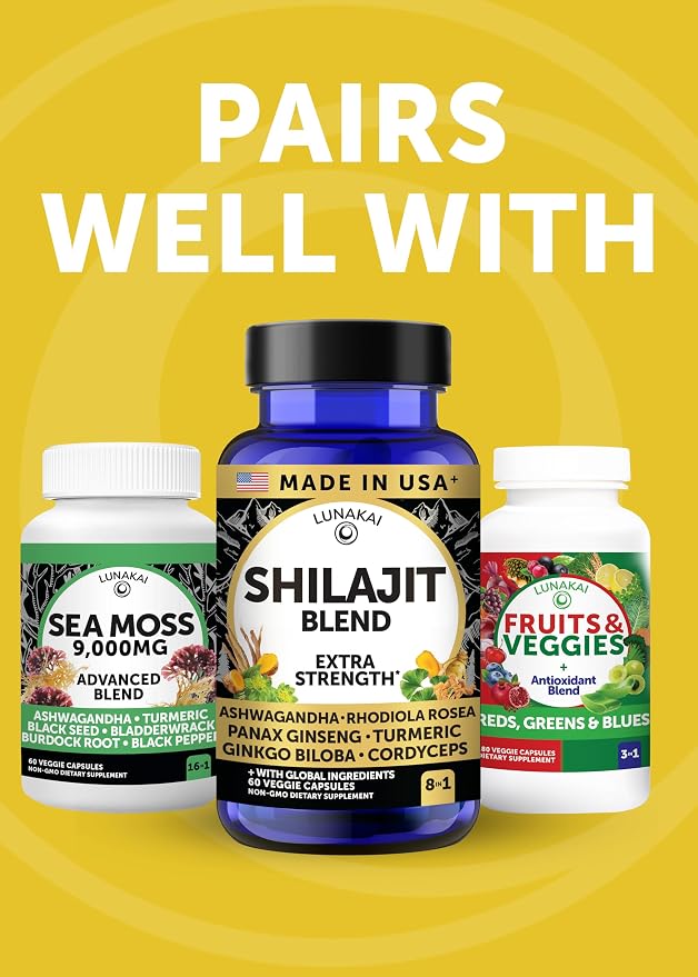 Lunakai USA Made Pure Shilajit Capsules with Ashwagandha, Rhodiola & Cordyceps - Extra Strength Shilajit Extract for Men & Women, 60ct
