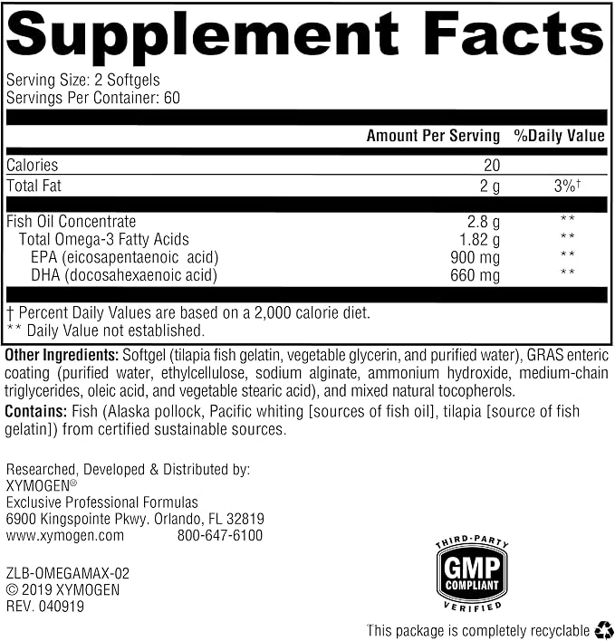 XYMOGEN OmegaPure 780 EC - Cardiovascular & Brain Support - IFOS Five-Star Certified Fish Oil - DHA EPA Omega-3 Supplement - Enteric Coated Softgels - 120 Softgel Tablets