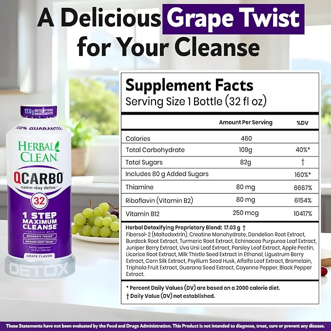 Herbal Clean Qcarbo32 Same Day Detox Cleanse Drink (32 fl oz) - Grape Flavor Full Body Cleanse* Detox Drink for Moderate Toxin Level*, Vitamin B2 and Vitamin B12 for Men & Women