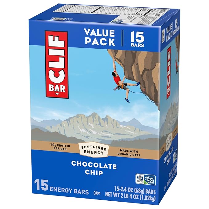 CLIF BAR - Energy Protein Bars - Chocolate Chip - Made with Organic Oats - Energy Bars - Non-GMO - 15 Count, (Pack of 4)
