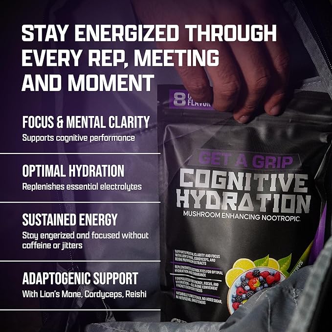 Get A Grip Electrolyte Powder Packets – Hydration & Mental Focus Support with Lion’s Mane & Cordyceps – Sugar-Free, Keto Electrolyte Drink Mix – 16 Count