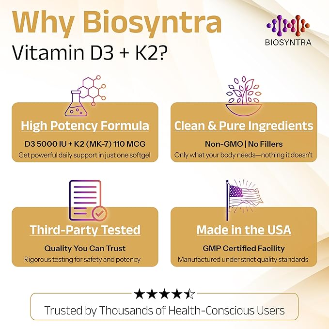 Vitamin D3+K2 with Coconut Oil - Vegan Vitamin D 5,000 IU & MK7 Vitamin K 110mcg for Bone, Heart & Immune Support, Non-GMO, Third Party Tested, Soy Free, High Absorption 60 Veggie Softgels