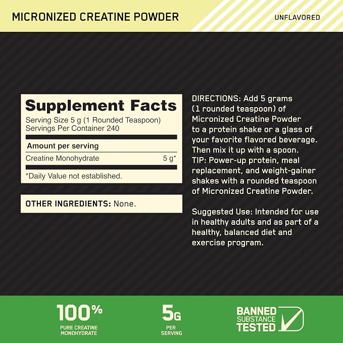Optimum Nutrition Micronized Creatine Monohydrate Powder, Unflavored, 240 Servings, 1200 Grams (Packaging May Vary)