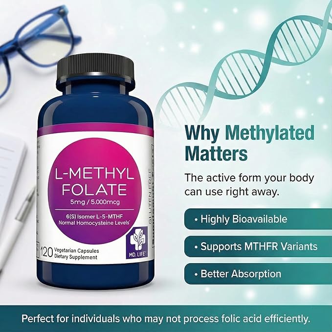 MD Life L-Methylfolate 5 mg Supplement - Professional-Grade Active L Methylfolate Supplement - 120 Capsules - L-Methylfolate 5mg - Maximum Potency MTHFR W/Essential Amino Acids
