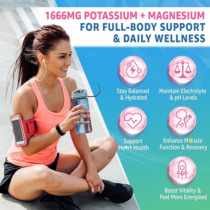 Potassium Citrate Gummies 1666mg for Adults - Potassium Supplement, Magnesium Glycinate, Zinc, B6, B12 & C – Electrolyte Gummies for Energy, Recovery & Leg Cramps, Vegan 60 Cts