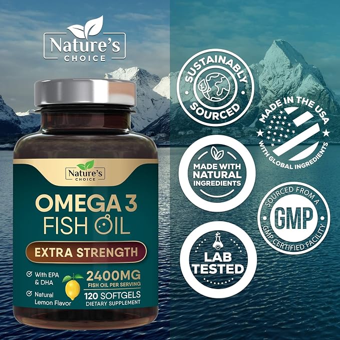 Omega 3 Fish Oil Supplements - 2400mg Fish Oil Per Serving - Triple Strength Omega-3 with Fatty Acids EPA & DHA - Natural Heart, Brain & Immune Support - Wild Caught, Bottled in USA - 120 Softgels