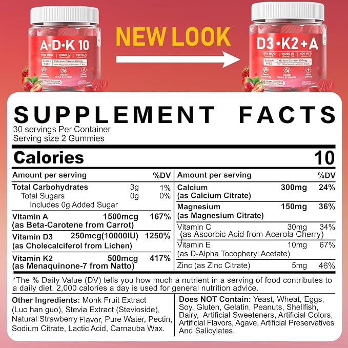 Vitamin D3 + K2 + A Gummies 5000IU/10000 IU - Vitamin D3 Con K2 Supplement with Calcium Magnesium Zinc, Vitamin C & E, High Dose Ultimate Absorbency for Bones, Muscles, Teeth, Vision, Vegan 2 Packs
