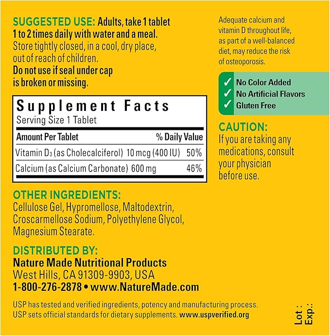 Nature Made Calcium 600 mg with Vitamin D3, Dietary Supplement for Bone Support, Calcium Supplement for Bone Health, 60 Tablets