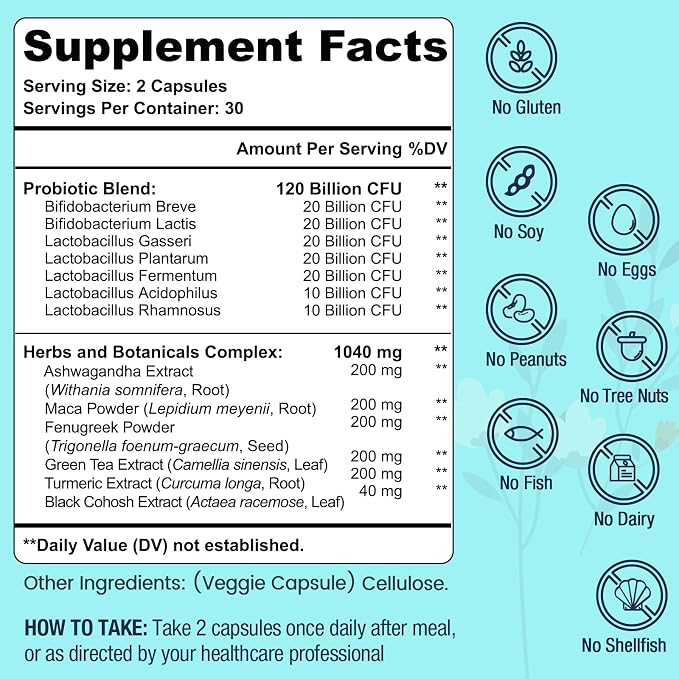 120 Billion CFU Probiotic - Menopause Support Probiotics for Women, Natural Menopause Probiotic Supplement for Hot Flashes Night Sweats Mood Swings Hormone Balance Gut & Immune Health- 120 Caps