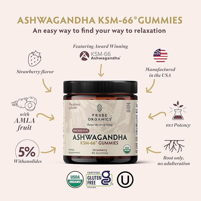Ashwagandha KSM-66 Gummies for Adults - Pure Organic Root Extract Ayurvedic Supplement Gummy for Men & Women, Focus Mood Support Increase Energy Strength 600mg of Natural KSM66 for Superior Absorption