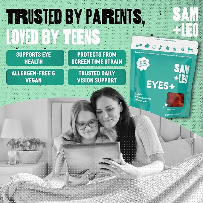 SAM+LEO Eye Vitamin Gummies with Lutein & Zeaxanthin for Kids & Teens - Eye & Vision Health Support Supplement Gummies + Vitamins A, E, & C | Vegan & Gluten Free Supplement - Orange Flavor (60 ct)