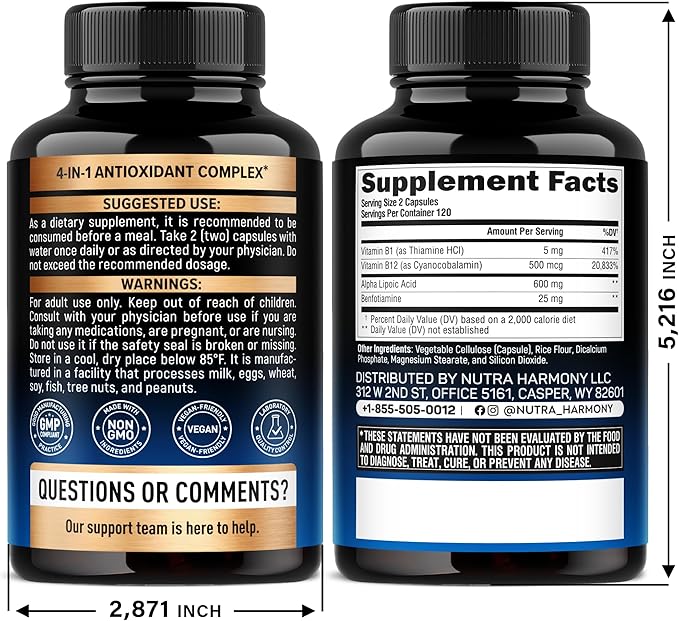 Alpha Lipoic Acid 600mg - ALA Supplement Antioxidant for Nerve, Energy & Metabolism Support - Extra Strength with Benfotiamine, B1 & B12 - Lab Tested, NON-GMO & Vegan - 240 Capsules, 4 Month Supply