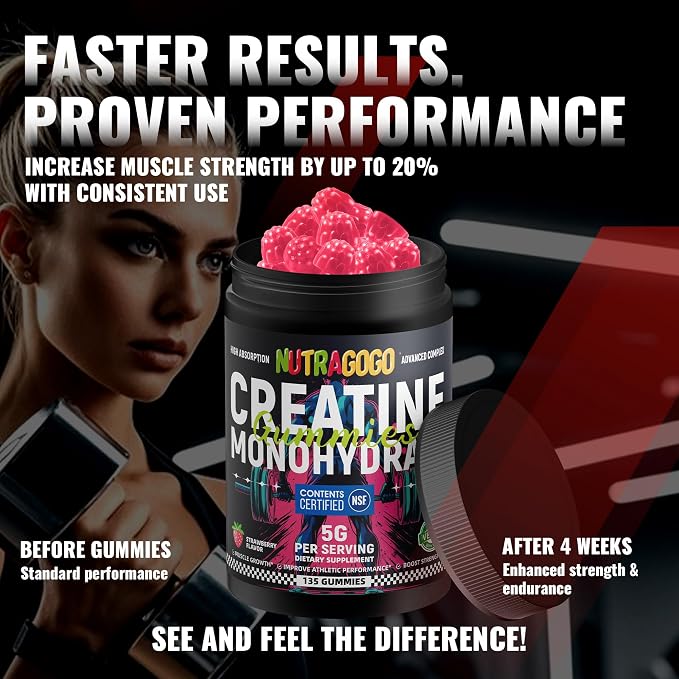 NSF Certified Creatine Gummy - Creatine Monohydrate Gummies for Men & Women-5g of Creatine Monohydrate per Serving - Sugar Free,Vegan, Strawberry Electrolyte Chews, 135 Count