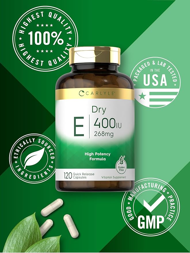 Carlyle Dry Vitamin E 400 IU | 120 Capsules | D-Alpha Tocopheryl | High Potency Formula | Non-GMO and Gluten Free