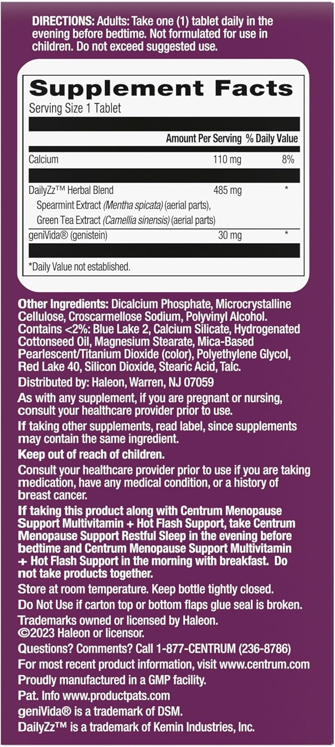 Centrum Restful Sleep Menopause Support Tablets, Supplement with Clinically Studied DailyZz and geniVida, 28 Count (Pack of 2)