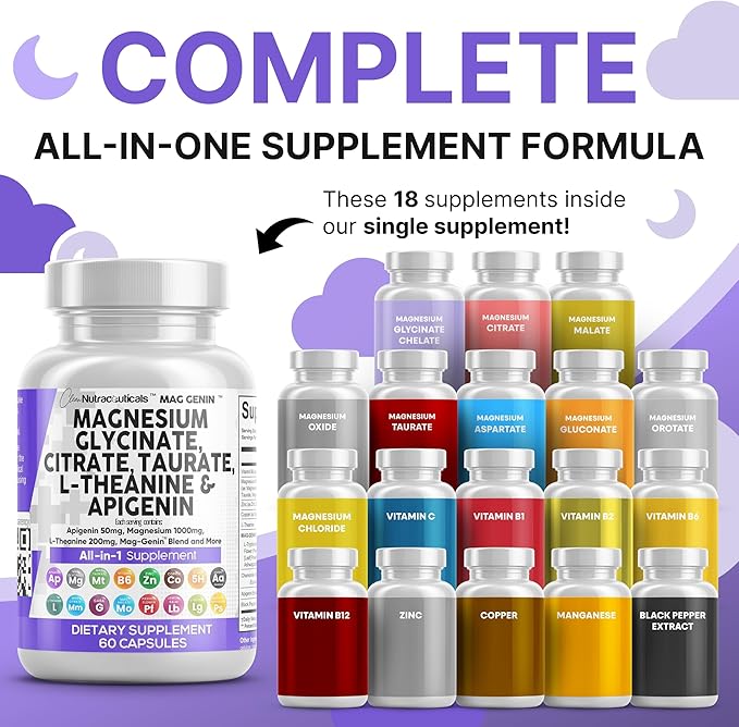 Clean Nutraceuticals Magnesium Glycinate Complex 1000mg with L-Theanine 200mg Apigenin 50mg Citrate Taurate Supplement (60 Count (Pack of 2))