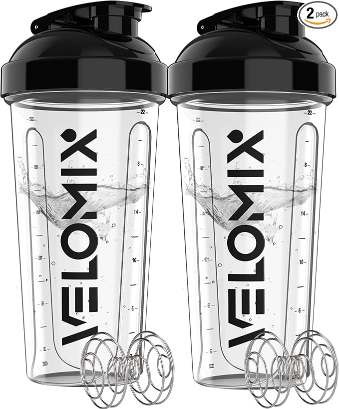 VELOMIX -2 Pack- 28 oz Protein Shaker Bottles for Protein Mixes - 2x Wire Whisk | Leak Proof Shaker Cups for Protein Shakes and Pre Workout | Protein Shaker Bottle Pack (D6) Transparent
