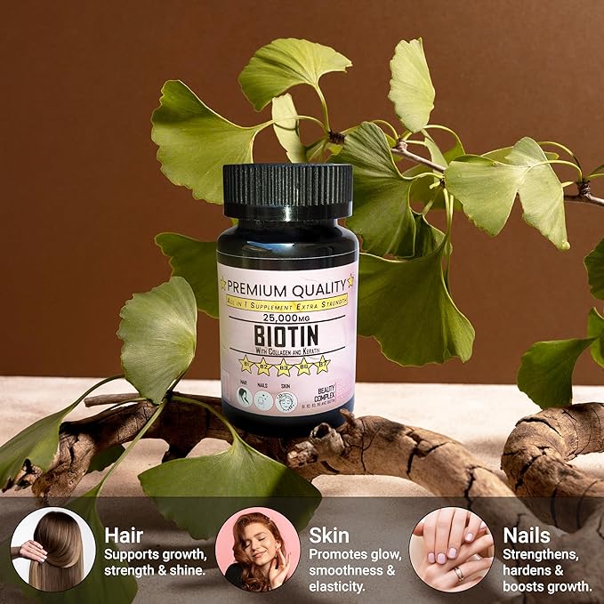 Biotin with Collagen and Keratin Complex, 25000 MG, Beauty Supplement with B Vitamins, 60 Veggie Capsules
