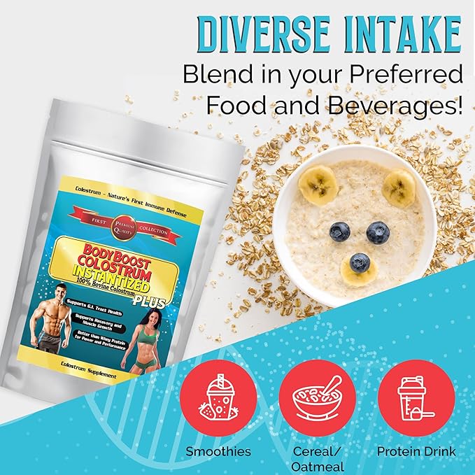 BodyBoost Colostrum Instantized, 99.5% Bovine Colostrum Powder, Immune Booster Supplement with Immunoglobulin & Lactoferrin, Grass Fed Colostrum, Food for Gut Health, Diverse Intake, 8 oz
