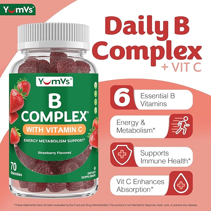 B Complex Gummies with Vitamin C – Great Tasting 1 a Day Energy & Nervous System Support for Adults – Vegan, Kosher, Non-GMO Vitamin B Complex Gummies with B12, B6, & Folic Acid – 70 Count (2 Pack)